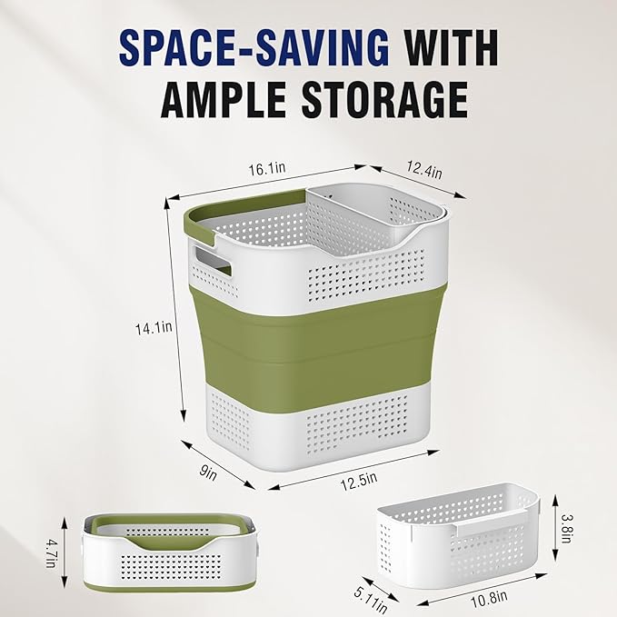 TECHMILLY Collapsible Plastic Laundry Basket Hamper with Handles, 35L Portable Rubber Clothes Basket, Pop Up Storage Container/Organizer with Hanging basket for Washing & Storage, Green