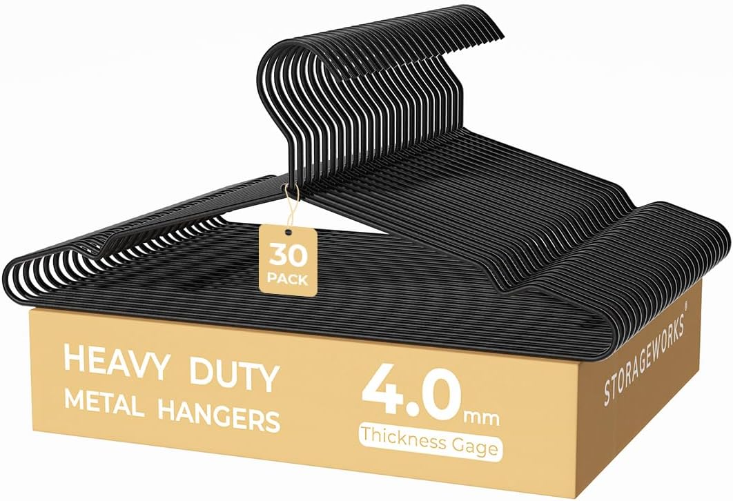 StorageWorks 4mm Super Thick Metal Wire Hangers, Heavy Duty Stainless Steel Clothes Hangers for Coats, Shirts Jackets, Pants, Suits, Space Saving Black Hangers for Closet, 30 Pack