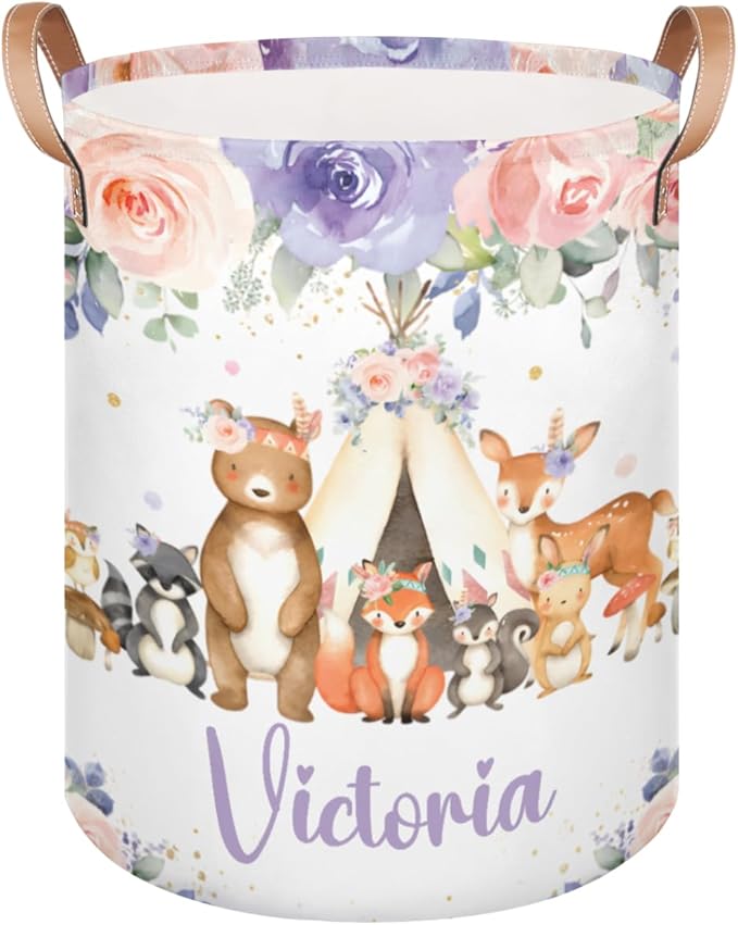 Personalized Laundry Basket, Custom Gift Laundry Hamper, Collapsible Nursery Waterproof Laundry Baskets, Dirty Clothes Toy Hamper with Handles Woodland Animals Blush