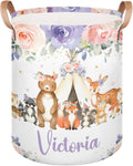 Personalized Laundry Basket, Custom Gift Laundry Hamper, Collapsible Nursery Waterproof Laundry Baskets, Dirty Clothes Toy Hamper with Handles Woodland Animals Blush