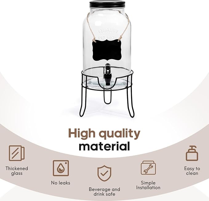 1.5 Gallon Glass Drink Dispensers for Parties, Ice Beverage Dispensers with Stand, Glass Water Dispenser with Spigot, Laundry Detergent Dispenser, Lemonade Dispenser
