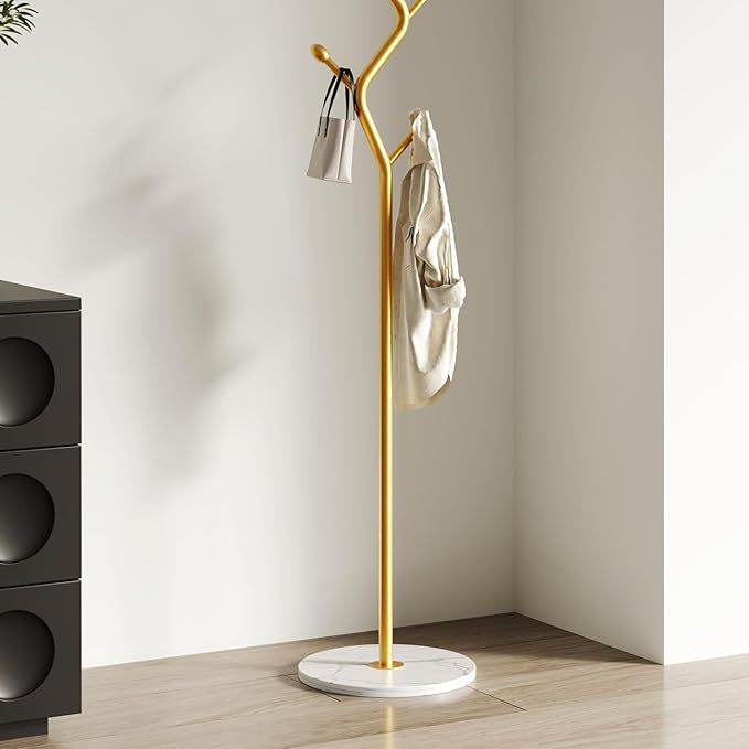 Creative Tree Branch-Look Gold Coat Rack Freestanding with 6 Hooks & Sturdy Marble base Metal Clothes Hanger Stand for Entryway/Mudroom/Bedroom/Hallway/Home Office (gold)