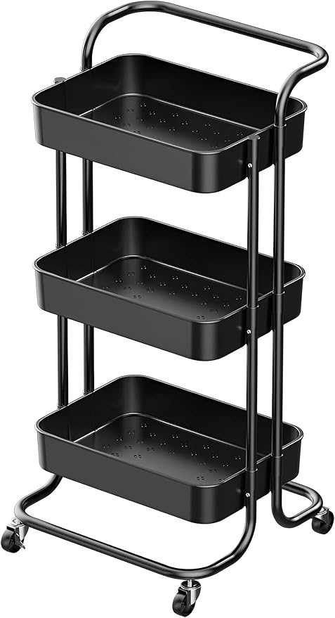 Sooyee 3 Tier Utility Cart,Rolling Cart with Handle and Lockable Wheels, Multi-Functional Storage Cart for Office, School,Living Room, Kitchen, Bathroom, Bedroom,Laundry,Black