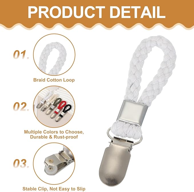 uxcell 4 Pcs Tea Towel Clips with Cotton Loop for Hanging, 4.3 Inch Metal Towel Hooks Multipurpose Cloth Hangers for Home Kitchen Bathroom, White