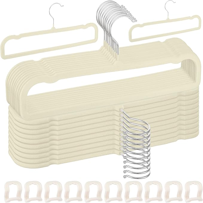 Velvet Pants Hangers Non Slip 20 Pack Beige Velvet Pant Hangers, Plastic Rectangular Slim Velvets Hanger with 10 Hooks for Jean, Bra, Shorts