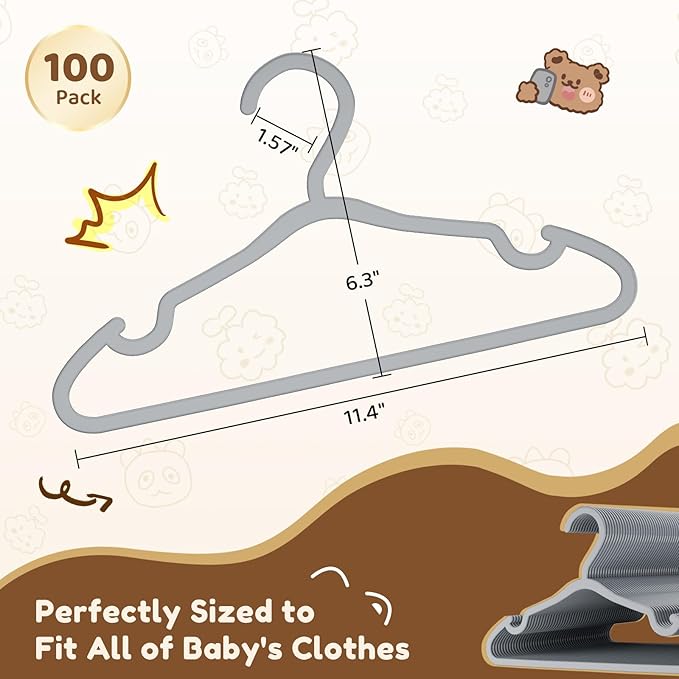 Plastic Kids Hangers - 100 Pack Non-Slip Baby Clothes Hangers for Closet, Toddler & Newborn Clothing Pants, Skirts, Coats (Grey)