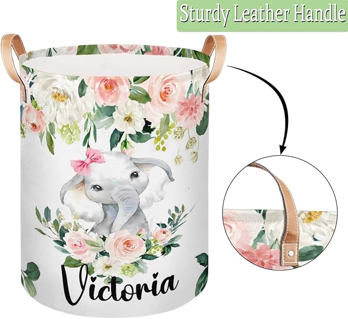 Personalized Laundry Basket, Custom Gift Laundry Hamper, Collapsible Nursery Waterproof Laundry Baskets, Dirty Clothes Toy Hamper with Handles Pink Floral Elephant Girl