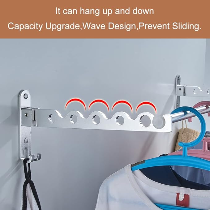 Small Wall Clothes Rail, Aluminium Foldable Drying Rack Hook 90° Rotation Coat Hanger for Laundry Bathroom Balcony (Silver Fixed Seats+Rod)