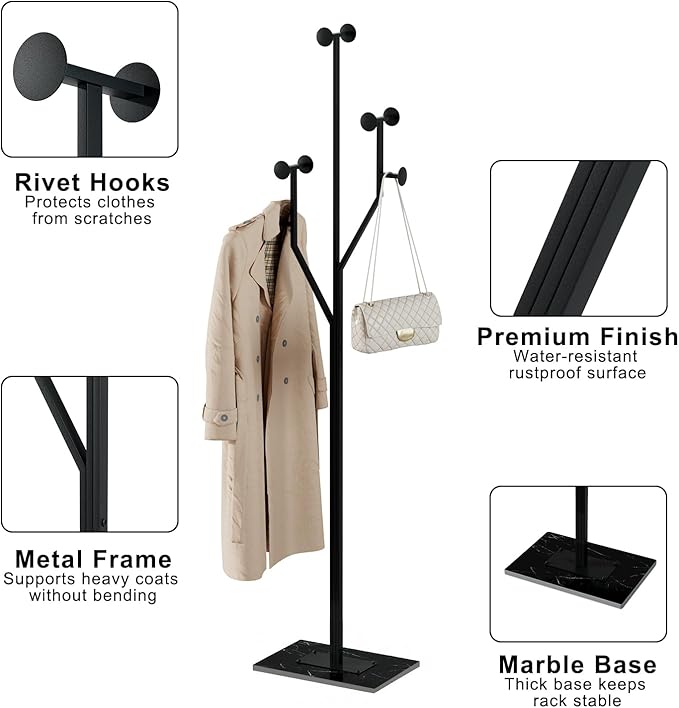 Coat Rack Stand, Freestanding Metal Coat Rack with Sturdy Marble Base, Modern Standing Coat Rack Tree for Entryway, Bedroom, Office & Hallway, Space-Saving Design, Black, 68.9 Inches Tall