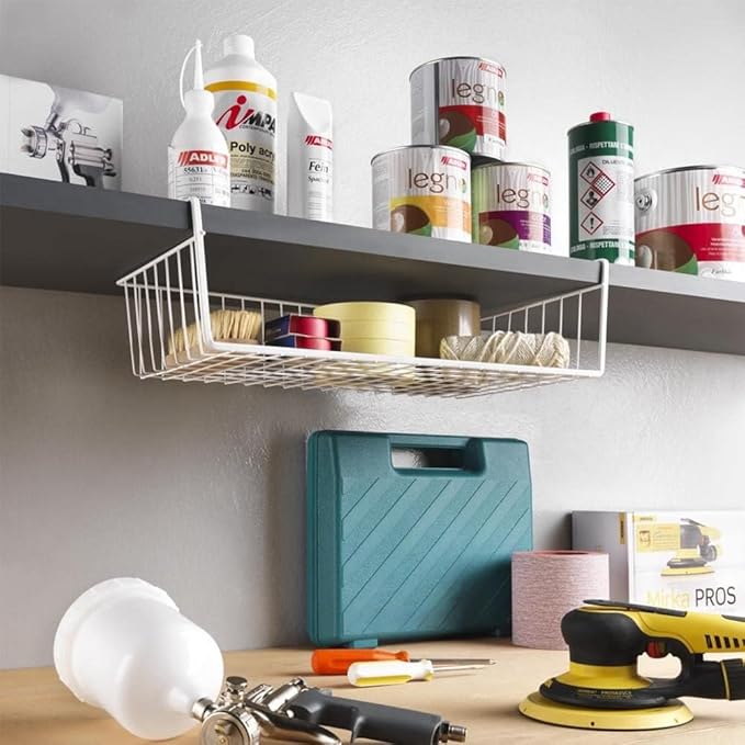 Modern Home Under Shelf Wire Storage Baskets – Hanging Organizer Rack for Cabinet, Pantry, or Closet – White Metal Basket for Kitchen, Towels, or Office – No Tools Required (Set of 4 19")