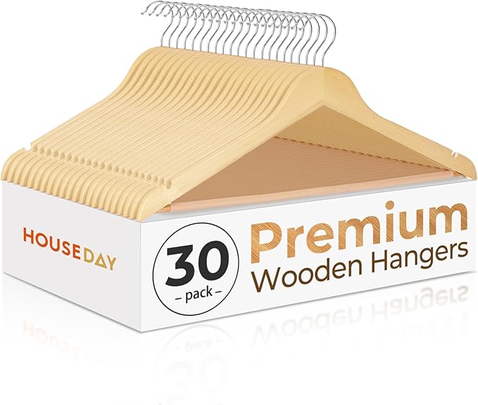 HOUSE DAY Premium Wooden Coat Hangers 30 Pack, Heavy Duty Solid Wood Clothes Hangers with 360° Swivel Hook & Pant Bar for Jackets, Dress, Shirts, Natural Wood Suit Hanger for Closet Organizer