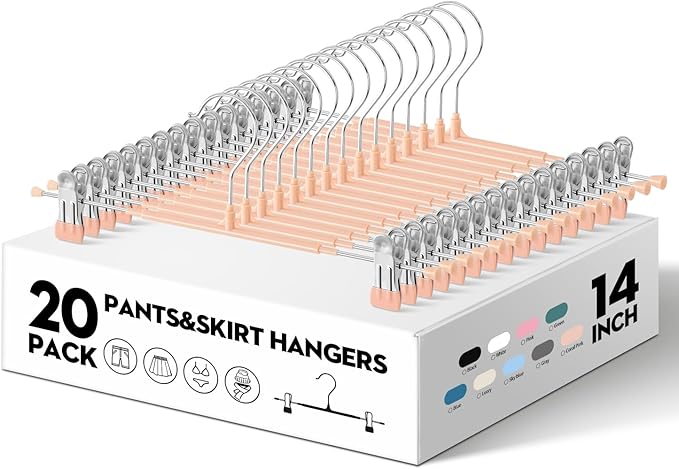 20PACK 14Inch Pants Hangers with Clips Adjustable Skirt Hangers for Women Metal Non-Slip Trousers Hanger Heavy Duty Space Saving Clothes Hanger for Shorts,Jeans,Coral Pink