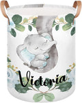 Personalized Laundry Basket, Custom Gift Laundry Hamper, Collapsible Nursery Waterproof Laundry Baskets, Dirty Clothes Toy Hamper with Handles Blue Floral Elephant