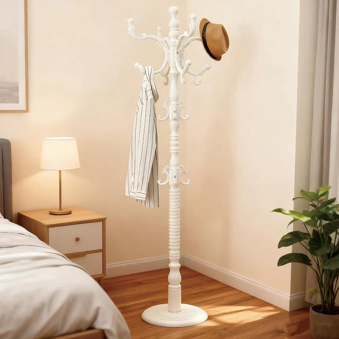 73" Wooden Freestanding Coat Rack，Easy to Adjust, Easy to Assemble for Children, Youth,Coat Rack Stand With Adults，18 Hooks and Round Solid Wood Base for Entrance Hallway Office (Retro White, 1 PCS)