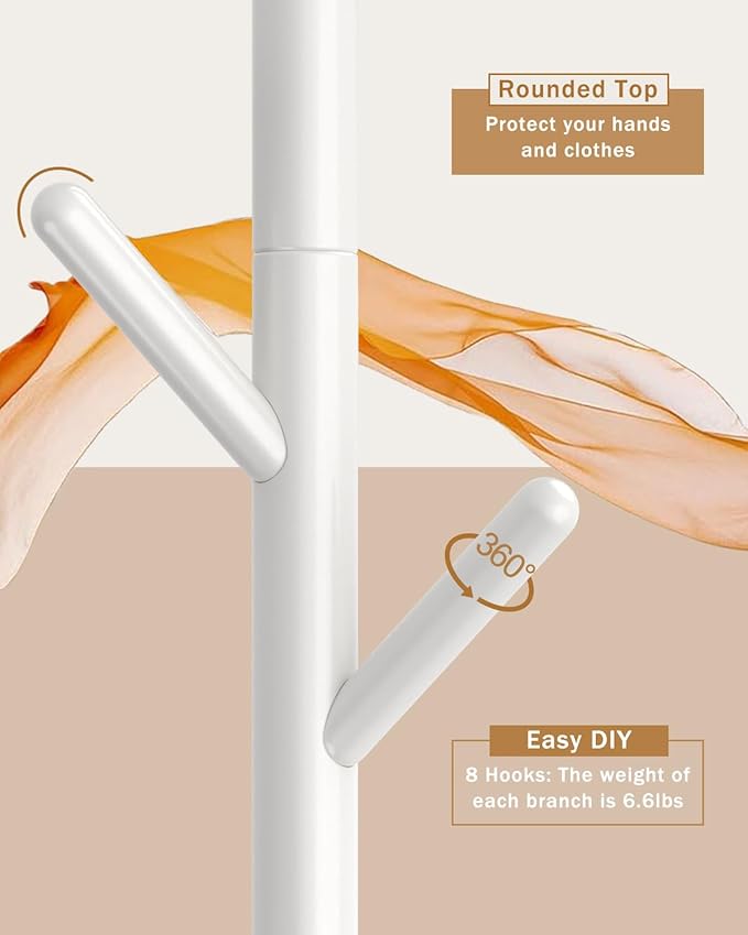 Yawinhe Coat Rack, Sturdy Woode Stand Tree with 8 Hooks, 3 Adjustable Height for Bedroom, Hallway, Entrance, Office, 11.8 x 70.8 inches, White, 1-Pack, Square Base