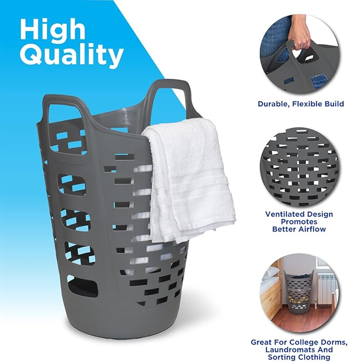 Clorox Flexible Laundry Basket - Tall Plastic Hamper for Clothes, Bedroom, and Storage - Portable Round Bin with Carry Handles, 2 Bushel, Grey