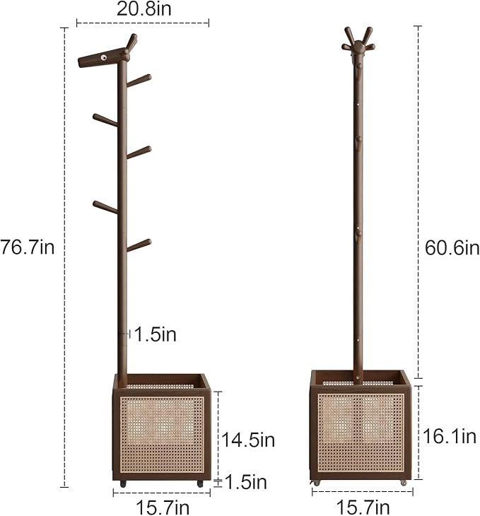 AQIMUELE Narrow Coat Rack，Coat Tree with Storage，Wooden Coat hanger with 6 Hook for Entrance, Bedroom, Living Room，Kids Coat Rack(Walnut)