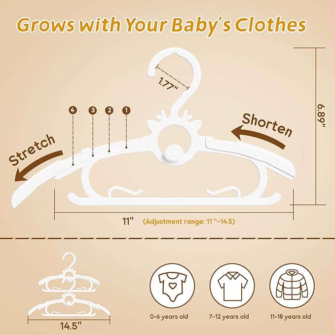 Baby Hangers 40PCS, 11"-14" Extendable and Stackable Kids Hangers, 45g Ultra-Thick Space Saving Non-Slip Plastic Hanger for Infant, Toddler and Nursery Closet (White-White-40)