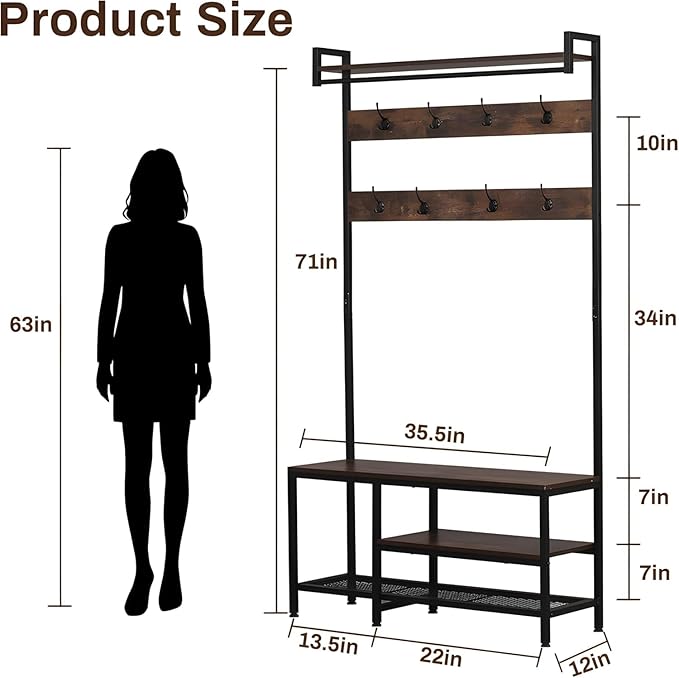 Hall Tree With Bench and Shoe Storage, 5 in 1 Entryway With Coat Rack, 71'' Industrial Wooden Metal Coat Tree With 14 Hooks, Shoe Storage and Wall Rack for Hallway Mudroom Bedroom (Rustic Brown)