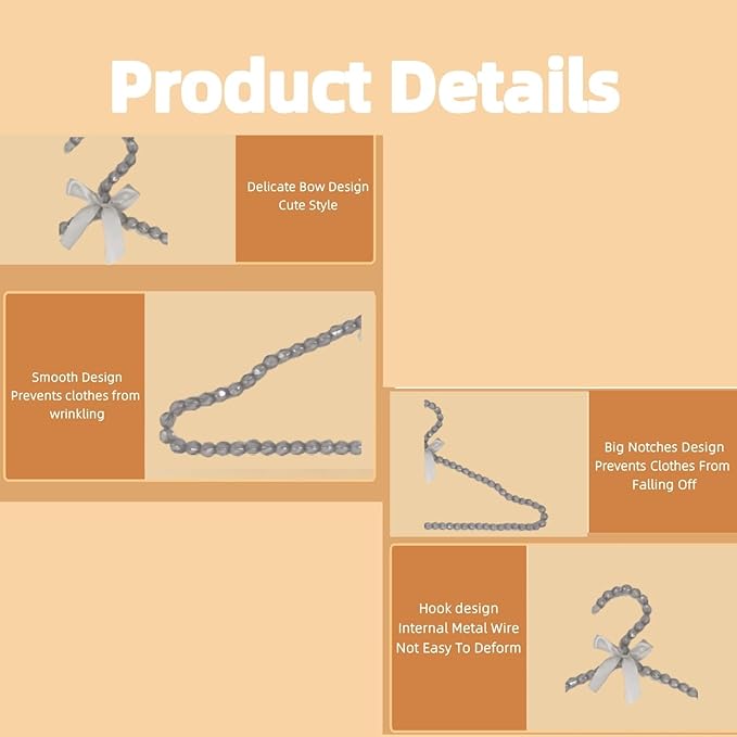 16 inch Pearl Hanger Cute Ribbon Bow Hanger Metal Elegant Clothes Hangers for Wedding Dress Photographing or Decorate Your Closet (5, Gray)