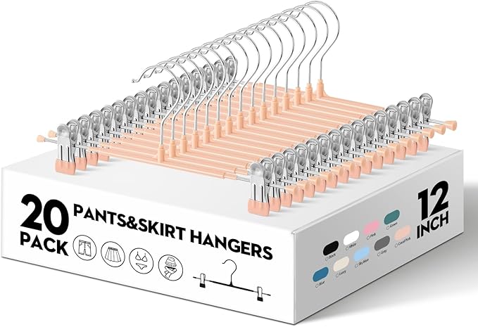 Pants Hangers with Clips 20PACK Adjustable Skirt Hangers for Women Metal Non-Slip Trousers Hanger Heavy Duty Space Saving Clothes Hanger for Shorts,Jeans,12Inch Coral Pink