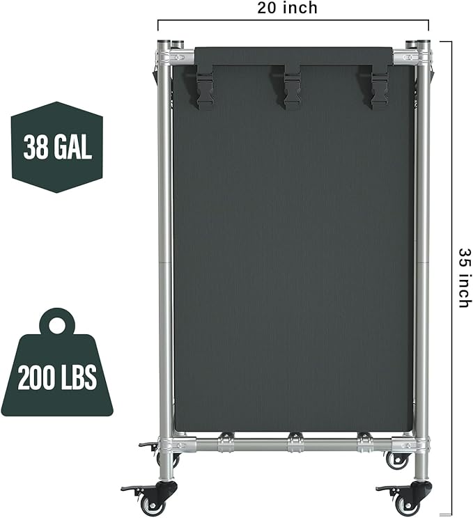 Laundry Basket with Wheels, Rolling Laundry Hamper, 38.5 Gal, Square Laundry Cart with Steel Frame and Removable Bag, 4 Casters with Brakes