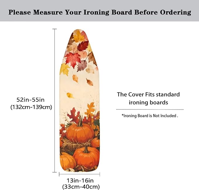 Iron Board Cover and Pad Thanksgiving Pumpkin Print Standard Size Soft Stain Resistant Extra Wide Ironing Board Cover with Hook and Loop 54x15 inches