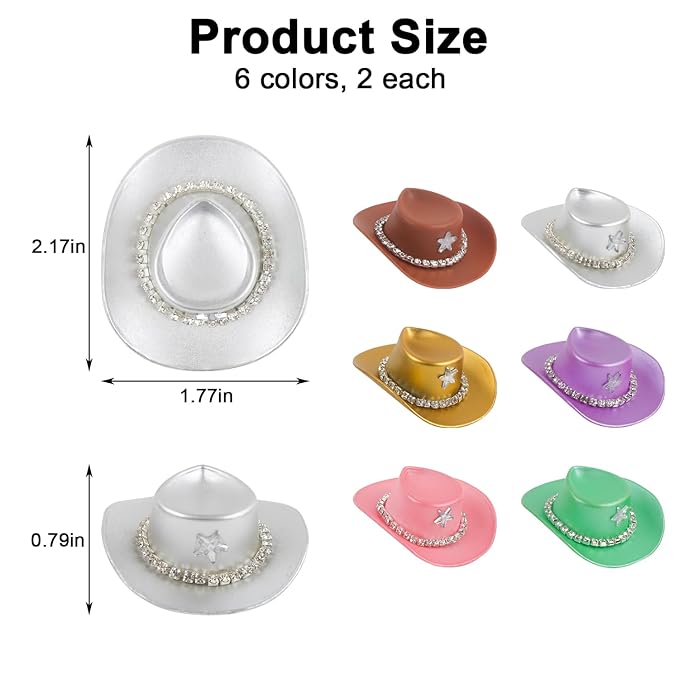 12 Pcs Mini Cowboy Hat Hair Clips Small Miniature Cowgirl Western Hat Hair Clip for Women Hair Accessories Glitter Star 6 Colors