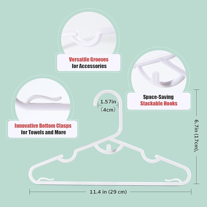 60 Pack Baby Clothes Hangers - Toddler Hangers for Kids 11.4" x 6.7" Premium PP Material Stackable with Anti-Slip Grooves, Baby Hanger for Infant Onesie Towels Standard Closet Hanger, White