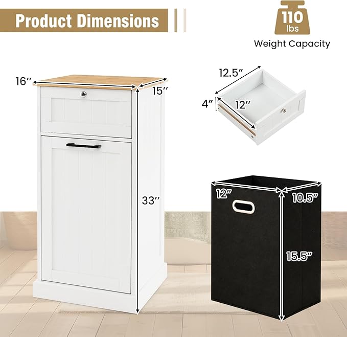 Giantex Tilt Out Laundry Hamper Cabinet, 10 Gallon Bathroom Storage Cabinet with Drawers & Removable Basket, Modern Wood Hidden Laundry Hamper for Laundry Room, Bedroom, Kitchen, Corner, White