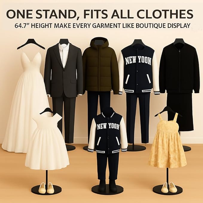 T Shirt Stand Display 26-64.7 Inch with Pants Clip, Height Adjustable for Long Short Clothes Dress, Display Mannequin for Store, Closet, Photoshoot, Exhibition, Vendors Shop, Parties (Black 1pcs)