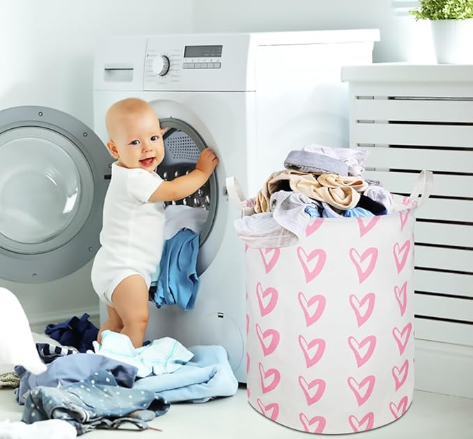 CLOCOR Pink Laundry Basket,Waterproof Baby Girls Nursery Hamper, Girls' Room Decor,Kids Toys Storage Bin,Gift Basket（Pink Heart