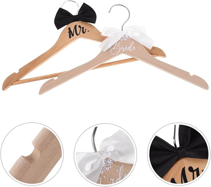 ABOOFAN Bride and Groom Hangers Set 2Pcs Wooden Wedding Dress Hanger with Bow Tie for Tuxedo Suit Bridal Party Shower Keepsake