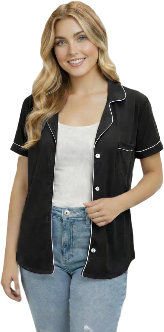 USBD Post Mastectomy Shirt with Drain Pockets Lapel Collar Post Op Button Down Recovery Tops