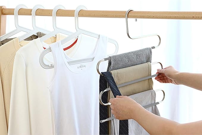 Devesanter Space Save Non-Slip 6 Pack S-Shape Trousers Hangers - Stainless Steel Clothes Hangers Closet Storage Organizer for Pants Jeans Scarf Hanging Grey and White