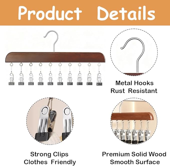 4 Pack Hat Hangers for Closet Display, Wooden Hat Storage Organizer with 40 Metal Clips for Baseball Caps, Winter Hat Rack for Beanie, Skullies, Visors, Walnut Brown Color