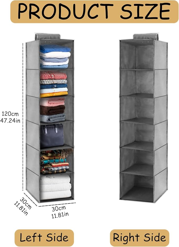 2PCS Hanging Closet Organizer, 6-Shelf Hanging Storage Shelves Wardrobe Clothes Organizer Cloth Hanging Shelves Foldable for Closet Bedroom Home (2PCS 6-Shelf)