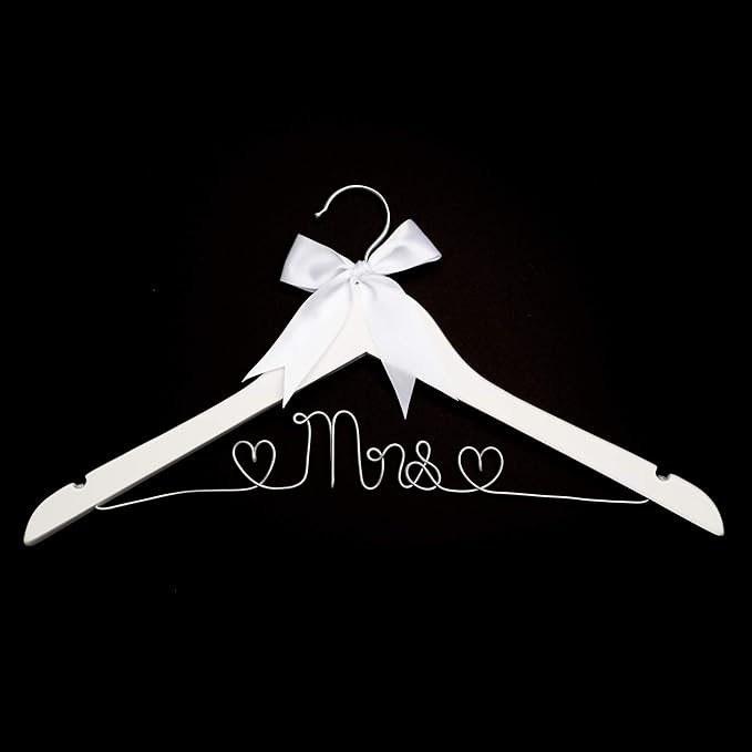 Ella Celebration Mrs Wedding Dress Hanger, Wood and Wire Hangers for Bride (White with Silver Wire)