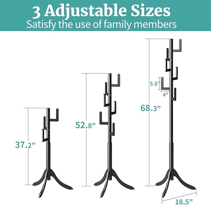 Black Coat Rack Freestanding, Bamboo Cactus Coat Tree, Adjustable Height Wooden Coat Stand with 6 Hooks, kids coat rack, Used In The Bedroom Living Room, Office To Hang Clothes, Hats, Bags