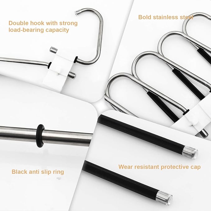 2Pack Pants Hangers Space Saving,Anti-Slip Design, Storage Organizer for Pants Jeans Trousers Skirts Scarf,Non Slip Stainless Steel Multifunctional Rack (Black, Three-Bend type-2pack)
