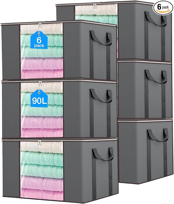 90L Extra Large Clothes Storage Bags, 6 Pack Blanket & Clothing Storage Bins, Foldable Closet Organizers with Clear Window and Reinforced Handles for Clothing, Blankets, Bed Sheets and Pillows