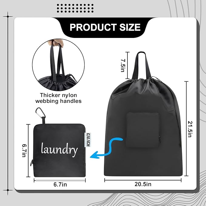 Travel Laundry bags, Dirty Clothes Travel Bag with Handles, Portable Small laundry Sack for Travelling, Suitcase, Gym, Camping (Black | 1 Pack)