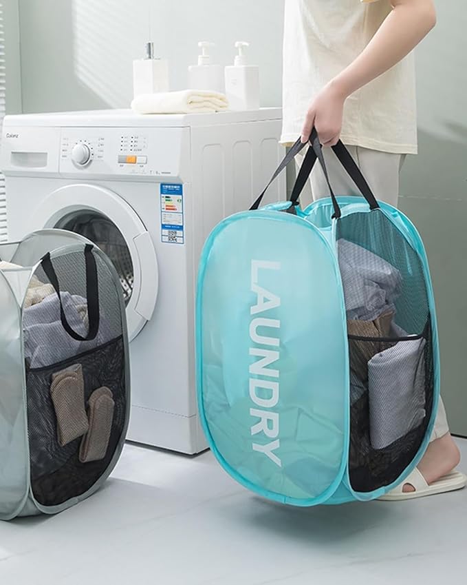 2 PCS Clothes Hampers for Laundry Stackable Divided Baskets Lightweight Room Collapsible Storage Bin 2 Packs Mesh Bags for Home, Dorm, Travel, Camping (Red & Blue)