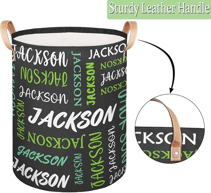 Custom Name Large Laundry-Basket for Kids-Boys-Girls, Personalized Foldable Waterproof Laundry Hamper Dirty Clothes Toys Storage Bin with Handles,Grey Green