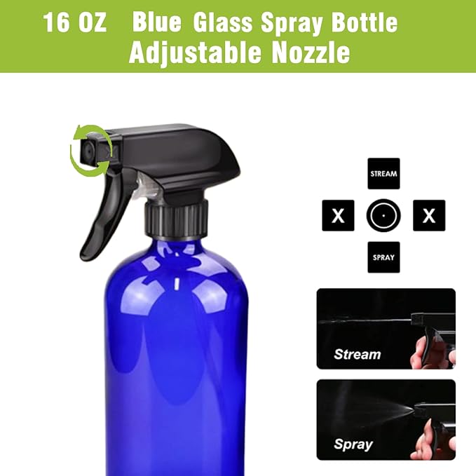 16oz Glass Spray Bottles,2-Pack Refillable Empty Spray Bottl for Cleaning, Hair Care, Plants - Adjustable Nozzl - Blue