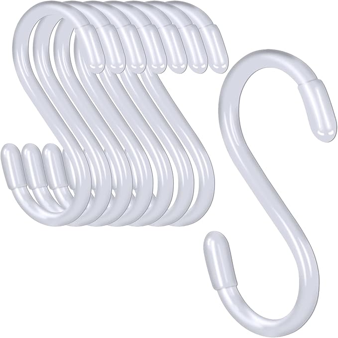 HiGift 12 Pack 3 Inch White S Hooks, Non Slip Vinyl Coated S Hooks for Hanging Plants, Metal Rubber Coated Closet S Hook for Hanging Plant Jeans Clothes Kitchen Pot Pan Cup Towels Bags