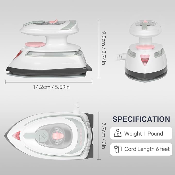 BEAUTURAL Mini Travel Steam Iron for Clothes with Dual Voltage, Temperature Control, Non-Stick Soleplate and Cord Storage, Ideal for Sewing, Quilting and Handcraft