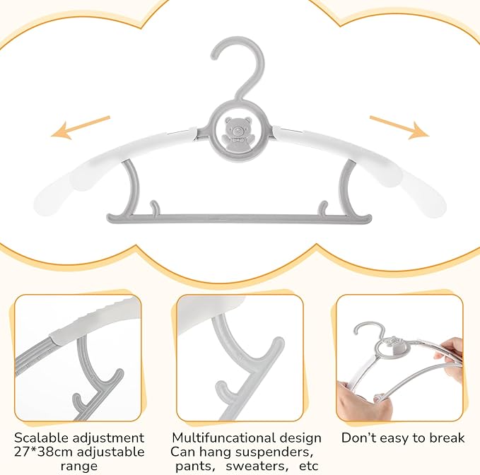 Hsei 30 Pcs Nursery Baby Hangers with 30 Pcs Ring Clips, Adjustable Baby Hangers with Clips, 10-13" Adjustable Children Hanger for Newborn Infant Socks Pants Closet Shirts