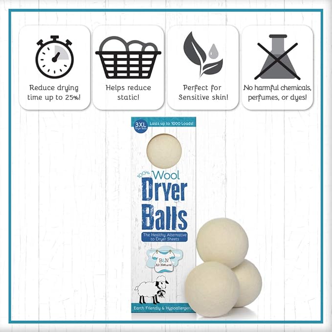 B&N All Natural at Home, Daisy's Wool Dryer Balls for Sensitive Skin, High Moisture Absorbent, Static Reducing and Wrinkle Prevention, XL Pieces, White, 3 Count