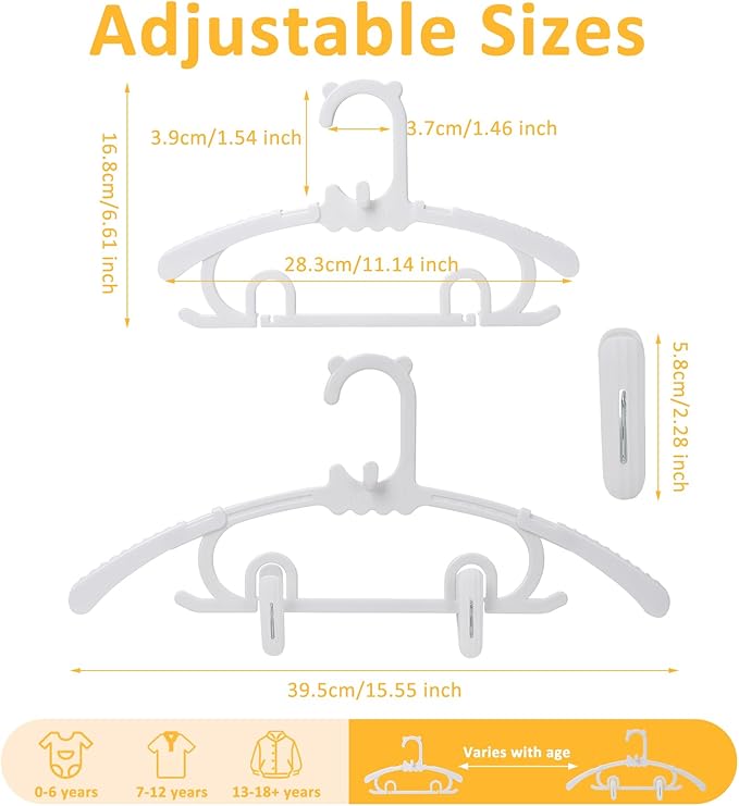 50 Pack Baby Clothes Hangers with 16 Clips, 11-15 inch Adjustable Kid Hanger, Multifunctional Children Hanger for Girl Boy Toddler Kids Child(White)